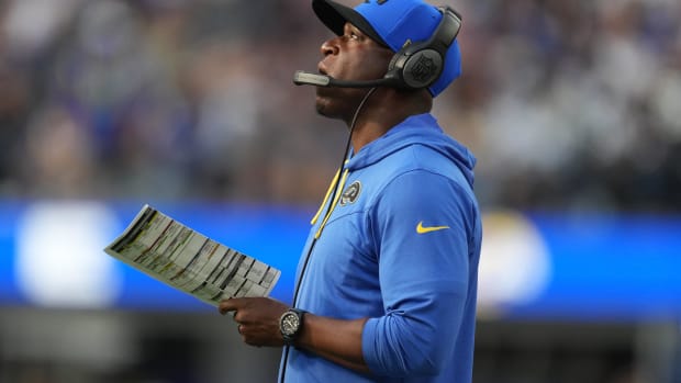 Oct 16, 2022; Inglewood, California, USA; Los Angeles Rams defensive coordinator Raheem Morris watches from the sidelines in the second half against the Carolina Panthers at SoFi Stadium.